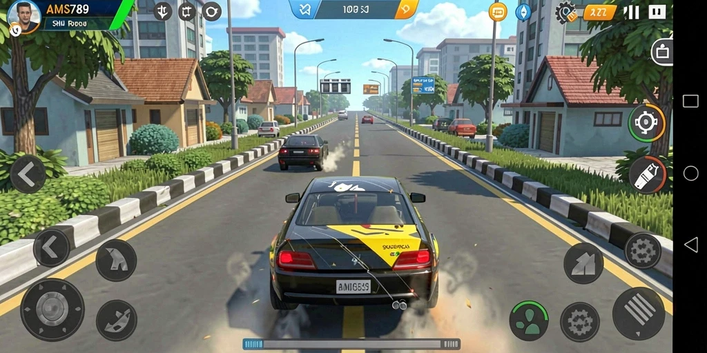 Screenshot menunjukkan balapan seru dengan mobil cepat di lintasan yang menantang.