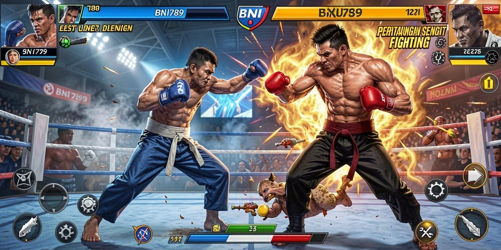 Screenshot BNI789 menampilkan pertarungan karakter di arena yang spektakuler.