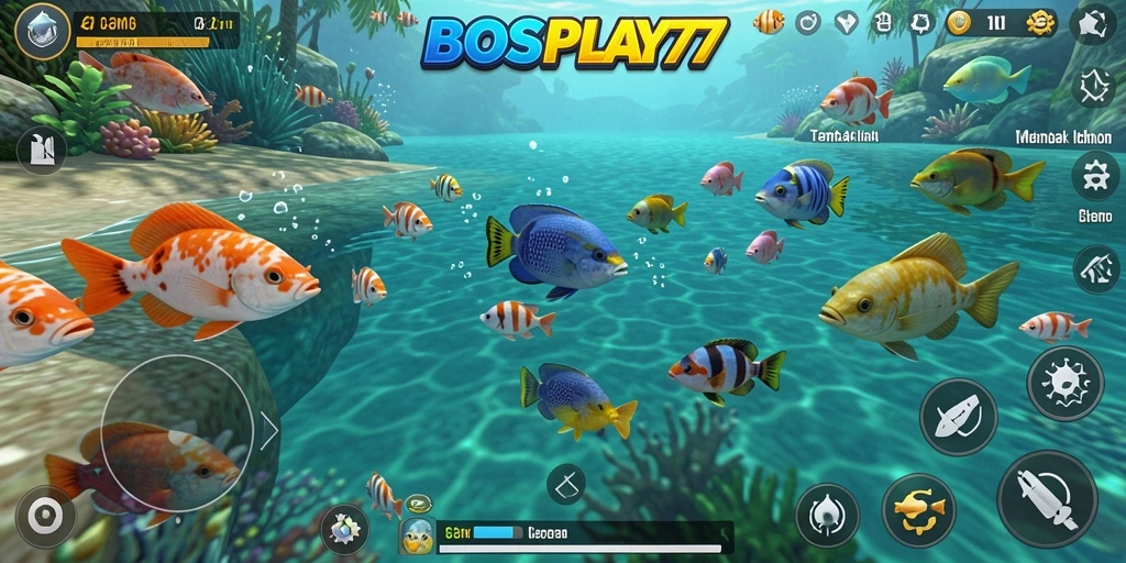 Screenshot gameplay seru BOSPLAY77 saat menembak ikan.