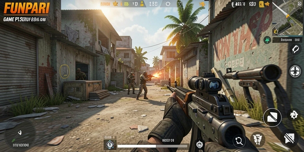 Screenshot utama FUNPARI menampilkan aksi intens dalam gameplay FPS.