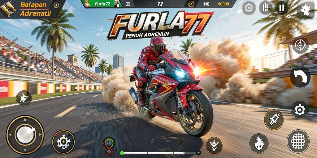 Tampilan gameplay FURLA77 dengan aksi balapan motor seru.
