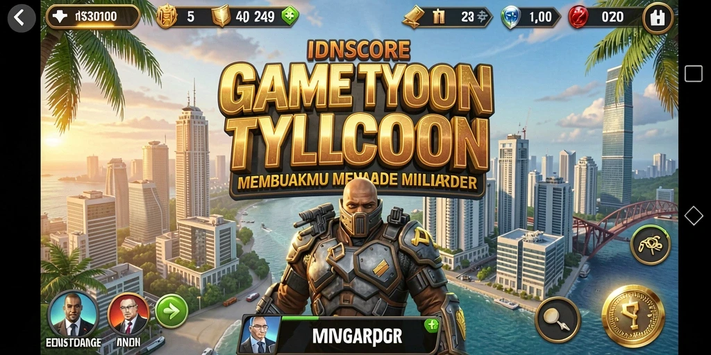 Tangkapan layar gameplay IDNSCORE yang menunjukkan dunia bisnis yang dinamis.