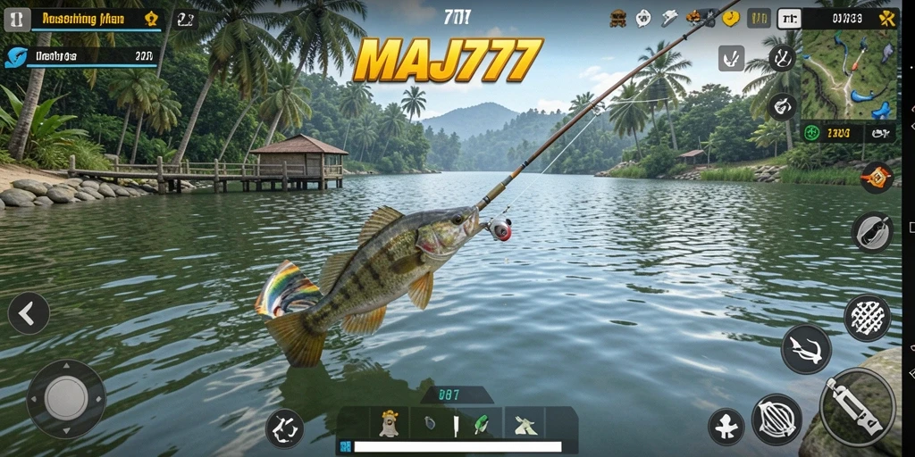 Screenshot gameplay MAJ777 menunjukkan keseruan memancing di laut yang indah.