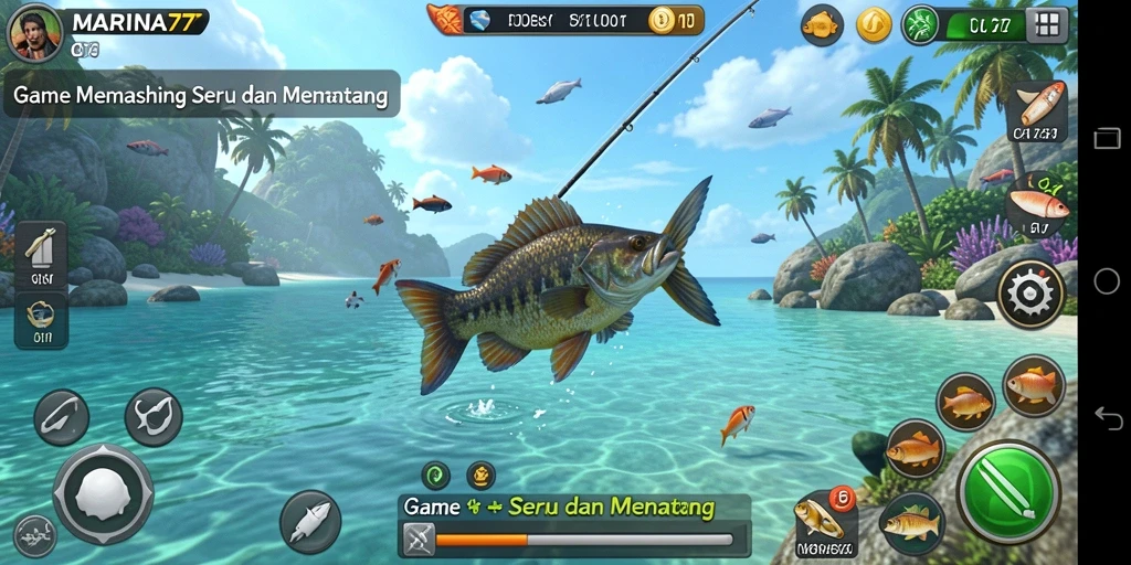 Screenshot gameplay MARINA77 menampilkan aktivitas memancing yang seru dan menarik.