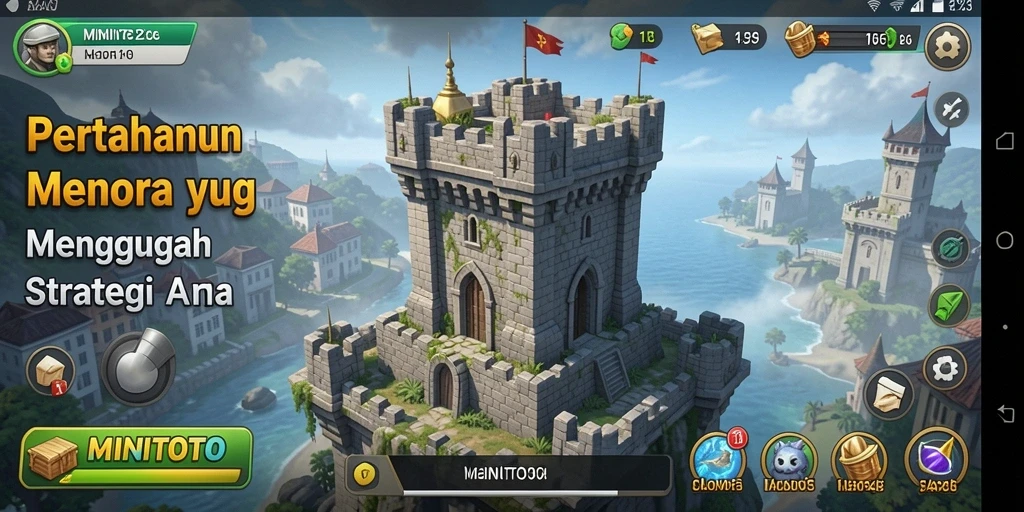 Screenshot gameplay MINITOTO dengan aksi pertahanan menara yang mendebarkan.