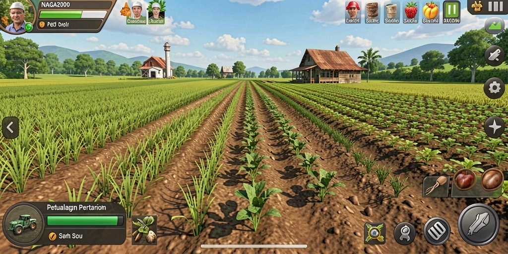 Tampilan menarik dalam gameplay NAGA2000 dengan lahan pertanian yang luas.