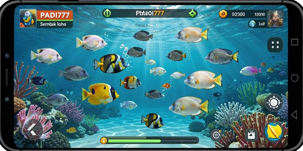 Screenshot utama PADI777 menampilkan aksi menangkap ikan di bawah laut.