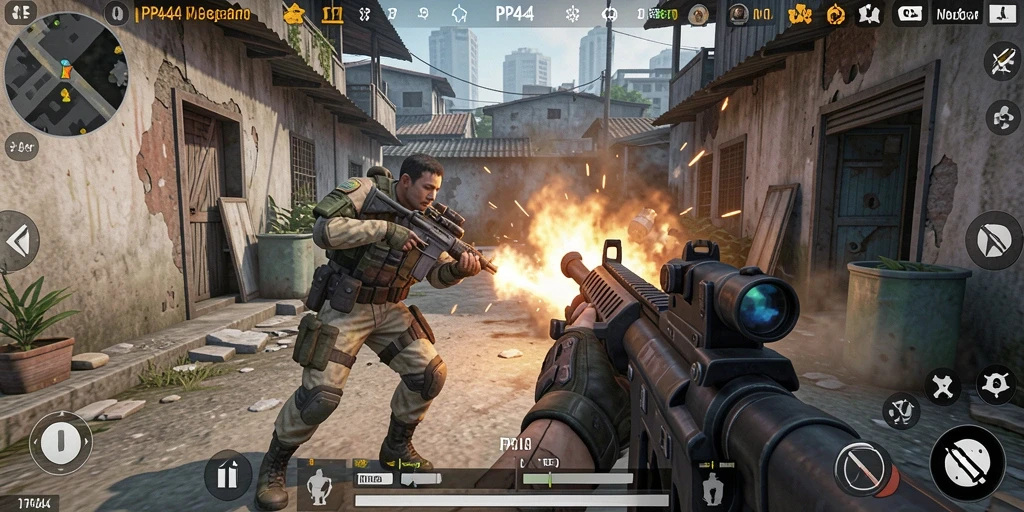 Screenshot gameplay PP444 menampilkan pertempuran intens dalam mode FPS.