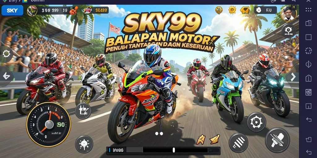 Tampilan gameplay <strong>SKY99</strong> yang mendebarkan dan penuh aksi balap motor.