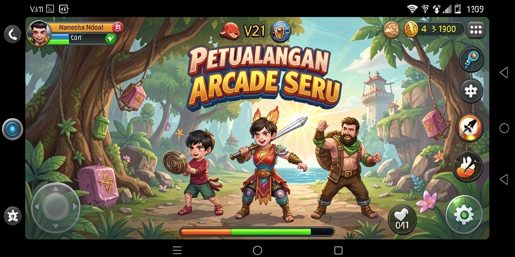 Screenshot gameplay V21 menampilkan karakter dalam aksi seru di arena.