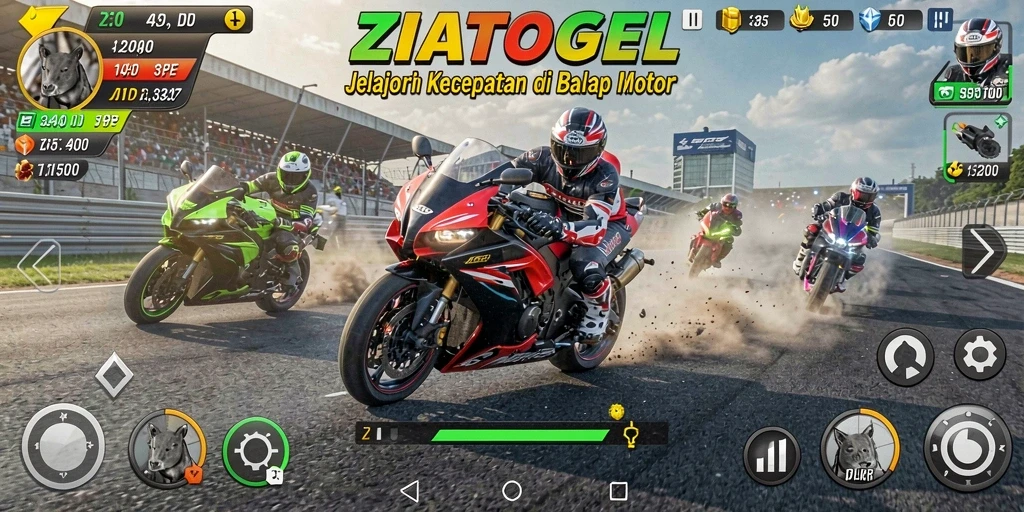 Screenshot gameplay ZIATOGEL menampilkan aksi balap motor yang mendebarkan.