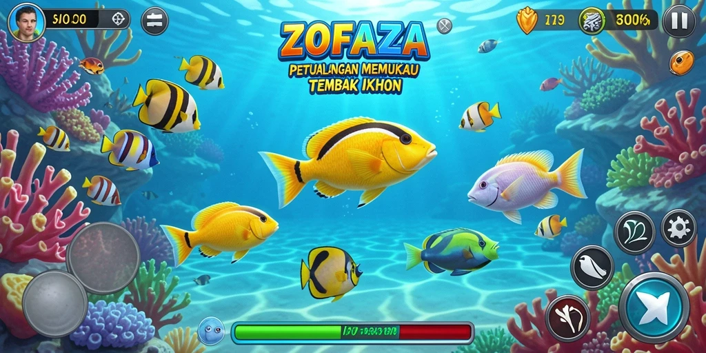 Tangkapan layar ZOFAZA menampilkan aksi seru dalam Tembak Ikan.